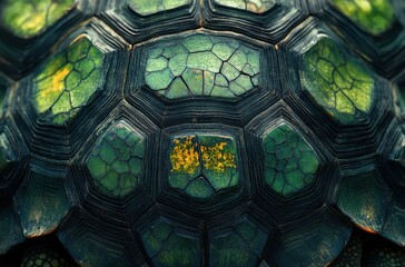 Poster - Detailed Close-Up of Tortoise Shell Showing Intricate Patterns and Textures in Nature, Perfect for Animal, Wildlife, and Environmental Projects
