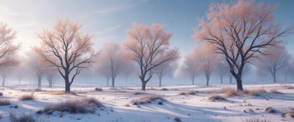 Wall Mural - Frosty landscape with bare trees and delicate snowflakes, frost, peaceful