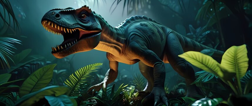 An exciting close up of a small dinosaur caught in a playful moment among the tropical undergrowth