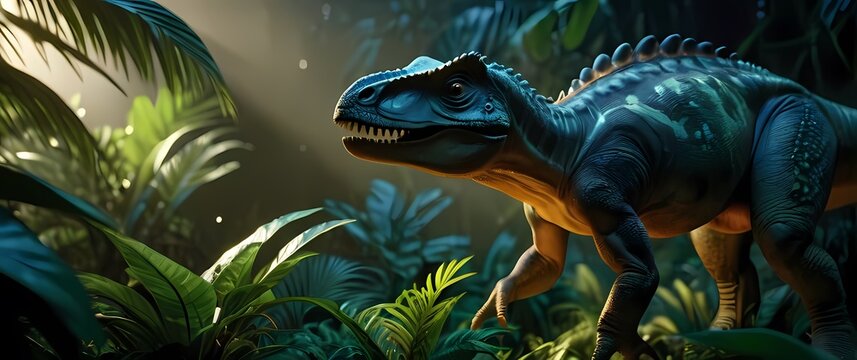 An exciting close up of a small dinosaur caught in a playful moment among the tropical undergrowth