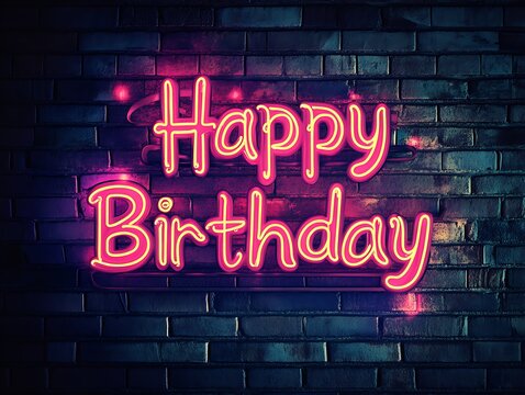 Neon Happy Birthday glowing against a faded brick surface