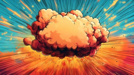 Poster - Bright popart explosion centered around a large speech bubble with dynamic rays and jagged lines giving a comicstyle energy burst in a colorful background