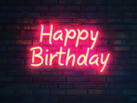 Neon Happy Birthday glowing against a faded brick surface