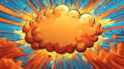 Fototapete - Bright popart explosion centered around a large speech bubble with dynamic rays and jagged lines giving a comicstyle energy burst in a colorful background