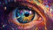 © Kittichet - Close up of an eye with colorful paint and sparkles creating an artistic and vibrant visual effect