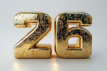 Gold number 26 on white background, lit from below