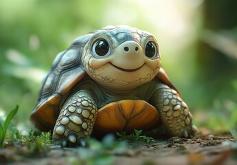 Poster - Happy Baby Turtle Crawling on Ground Surrounded by Greenery in a Sunlit Natural Environment, Showing Playful Expression and Detailed Shell Texture