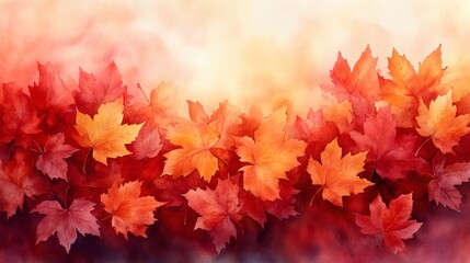 Poster - Cascade of soft watercolor autumn leaves in fiery shades of orange and red set against a gentle fading background announcing the beginning of fall