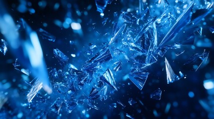 Fototapete - Chaotic spread of blue glasslike shards across a dark blue background forming a dynamic abstract pattern with sharp edges and glowing reflections