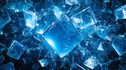 Fototapete - Chaotic spread of blue glasslike shards across a dark blue background forming a dynamic abstract pattern with sharp edges and glowing reflections