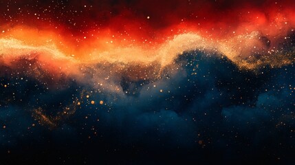 Fototapete - Dramatic abstract background with scattered ink splatters in bold colors like red gold and navy blue combining to create a textured and lively visual effect