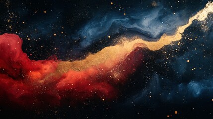 Fototapete - Dramatic abstract background with scattered ink splatters in bold colors like red gold and navy blue combining to create a textured and lively visual effect