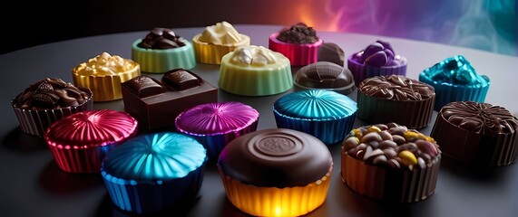 an extravagant array of gourmet chocolates in vividly colored wrappers displayed beautifully