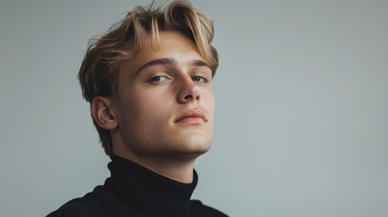 Poster - In a minimalist environment, a charismatic man with light ash blonde hair gazes thoughtfully into the distance, exuding charm and confidence. His unique style captures attention effortlessly