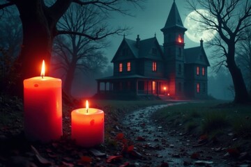 Wall Mural - The soft glow of candles casts an eerie atmosphere on a spooky mansion, red, flicker