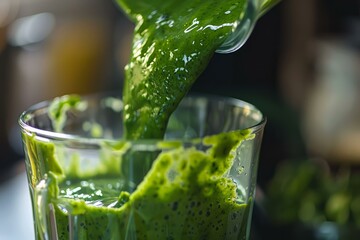 Poster - green smoothie pouring from blender into glass, healthy eating and detox concept