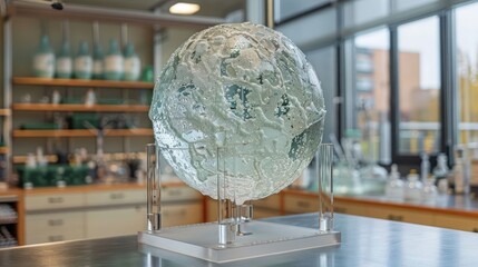 Poster - Glass globe model representing Earth displayed in a laboratory with scientific equipment in background