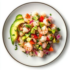 A plate of spicy shrimp ceviche with avocado, isolated white background, hyperrealism art style