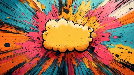 Poster - Fun comicstyle speech bubble erupting in a colorful explosion dynamic lines and splashes of bright colors radiating outwards in an abstract background