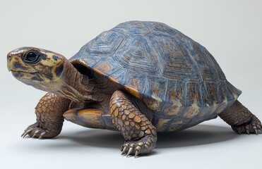 Poster - Realistic close-up of a tortoise showcasing detailed textures, vibrant colors, and lifelike features against a neutral backdrop ideal for nature lovers and educational use
