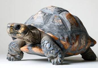 Poster - Realistic sculpture of a tortoise on a neutral background showcasing intricate details and textures of the turtle's shell and body in artistic representation