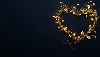 Aufkleber - Golden Heart Shaped Leaves on Dark Blue Background Romantic Luxury Design