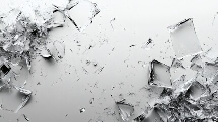 Fototapete - Minimalist monochrome frame showcasing scattered jagged glass shards in subtle greys and whites adding texture and a sense of fragmentation to the clean background