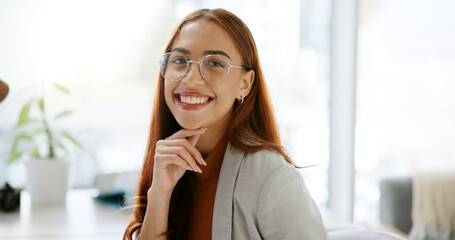 Wall Mural - Happy, portrait and business woman in office for interior design portfolio, professional and pride. Renovation consultant, smile and creative agency with person entrepreneur, startup and confidence