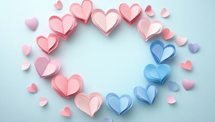 Poster - Romantic Pastel Paper Hearts Frame on Light Blue Background