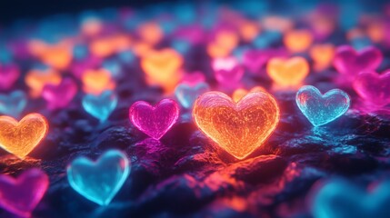 Poster - sea of glowing neoncolored hearts in bold tones of pink blue and yellow floating and blending togeth