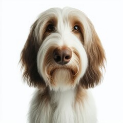 Poster - A charming dog is looking directly at the viewer, showcasing its soft fur and captivating eyes. The simplicity of the background highlights the dog's features, creating an inviting atmosphere