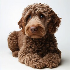 Poster - This adorable curly-coated canine lies peacefully with its paws tucked underneath, gazing curiously with large, expressive eyes in a cozy and inviting indoor setting