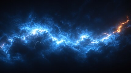 Fototapete - Single powerful blue lightning bolt cracking the stillness of a pitchblack sky creating intricate patterns in the darkness