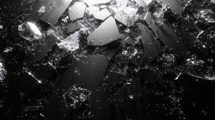 Poster - Sleek monochrome frame filled with scattered shattered glass pieces in varying shades of grey and black forming a dynamic abstract background with a fractured appearance