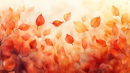 Fototapete - Soft watercolor background filled with vibrant autumn leaves in shades of red orange and yellow gracefully floating through the air in celebration of autumn's arrival