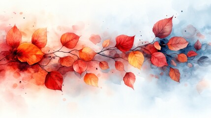 Poster - Swirl of colorful watercolor autumn leaves in red amber and brown drifting gracefully against a light background evoking the crisp feeling of fall