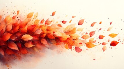 Poster - Swirl of colorful watercolor autumn leaves in red amber and brown drifting gracefully against a light background evoking the crisp feeling of fall