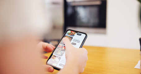 Aufkleber - Hands, person and phone screen for food shopping with search, meal choice and restaurant catalog. Customer, scroll and mobile website for ecommerce delivery, nutrition lunch and online order at house