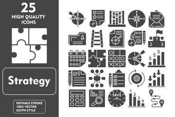 Wall Mural - Strategy glyph editable icon set. Containing target, agenda, abacus, compass, email, folder, ladder, objective, planning, podium and more. Vector illustration icons