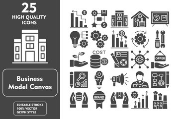 Wall Mural - Business Model Canvas glyph editable icon set. Containing growth, cost, employee, plan, value, brand, product, development, factory, model, company and more. Vector illustration icons