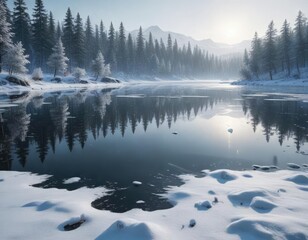 Silent Snowflakes Falling Gently on a Frozen Lake, , serene
