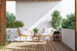 © onzon - Modern contemporary terrace with nature view 3d render There are plank floor, empty white paint wall decorated with wooden chair and tree pot
