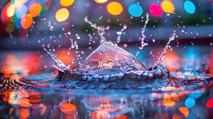 Poster - Colorful water splash creating ripples against a blurred bokeh background at night