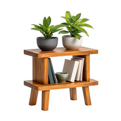 Aufkleber - Stylish Wooden Shelf with Plants and Books on Modern Decor Backdrop isolated on white background or PNG 