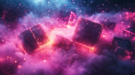 Poster - Vibrant neon pink background with threedimensional geometric shapes and glowing textures forming a dynamic and modern abstract design