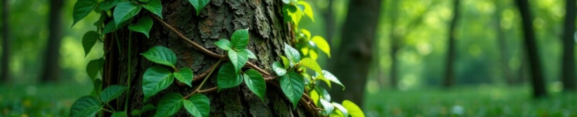 Wall Mural - Thick ivy vines wrap around tree bark tightly, stem, leaves, branches