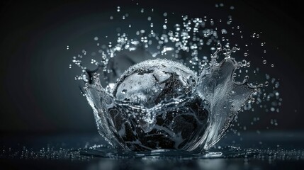 Poster - A captivating splash of water around a spherical object, creating dynamic motion and reflections