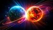 © MRSUTIN - Two iridescent planets collide, trailing luminous streams and glittering cosmic debris.