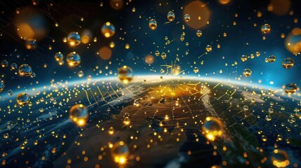 Aufkleber - Glowing droplets surround Earth, symbolizing interconnectedness and technology in a cosmic backdrop