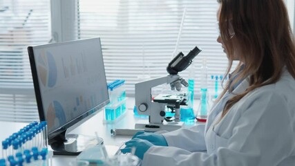 Aufkleber - An experienced scientist analyzes complex data sets in a modern lab, conducting significant biomedical research and biotechnology, using detailed charts and graphs to present findings